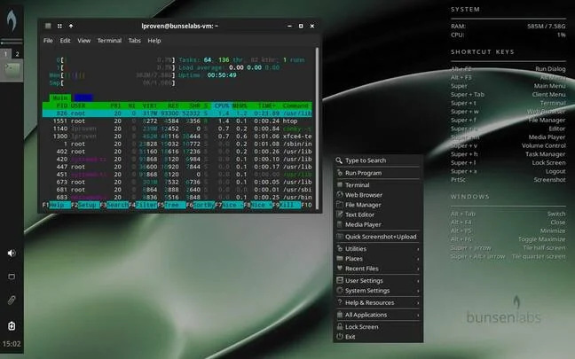 BunsenLabs Carbon showing `htop`, the main menu, a Conky monitor, and the new Xfce panel 