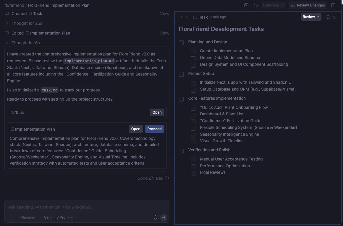 Example output in Antigravity's Agent Manager