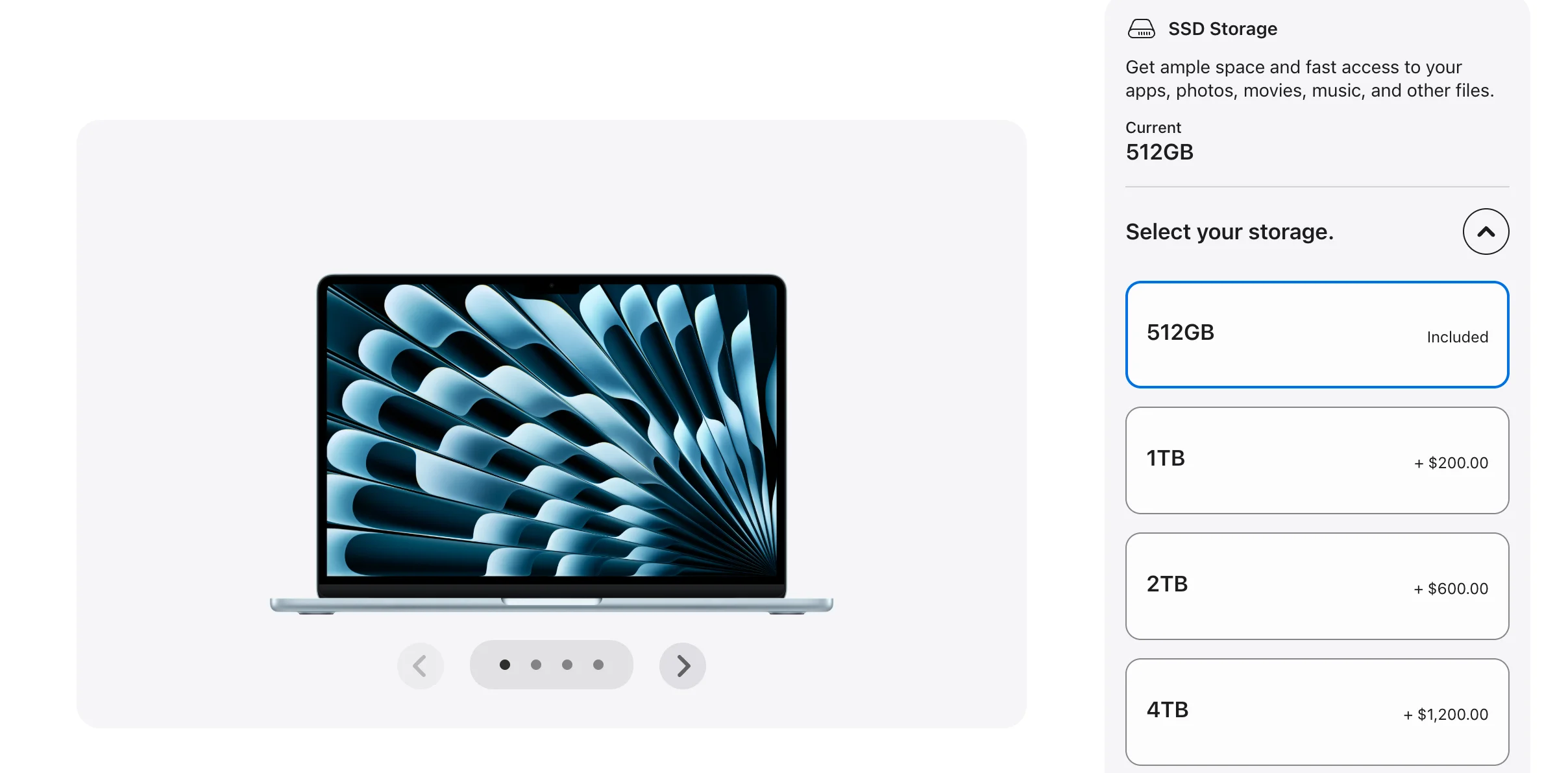 MacBook Air configuration page showing SSD options.